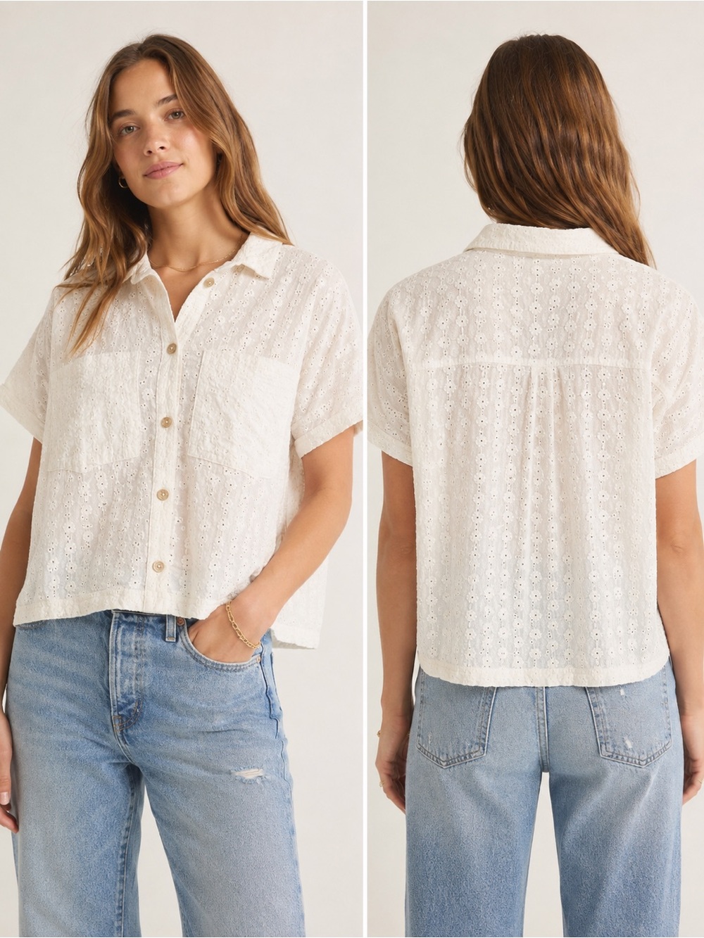 Madewell Cream Floral Eyelet Button-Down Shirt